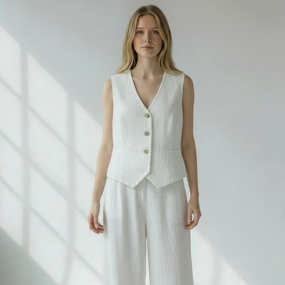 Tahari Jackets & Blazers - Tahari Linen Blend Button Vest Top Large White Minimalist Chic Coastal